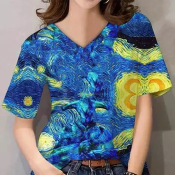 Летняя женская футболка с принтом 3D «Картина Ван Гога» Топы с V-образным вырезом Звездное небо Harajuku Модные свободные женские топы с короткими рукавами S