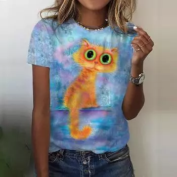 Летняя женская футболка с принтом 3D-кота из мультфильма, модные топы, футболки, женская повседневная одежда с коротким рукавом, женская уличная одежда в стиле Харадзюку S