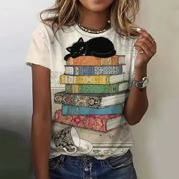 Летняя женская футболка с принтом 3D-кота из мультфильма, модные топы, футболки, женская повседневная одежда с коротким рукавом, женская уличная одежда в стиле Харадзюку S