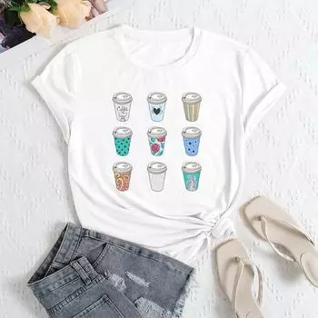 Летняя женская футболка с принтом чашки для напитков, свободная, с круглым вырезом, повседневная, из чистого хлопка, с короткими рукавами, женская S белый
