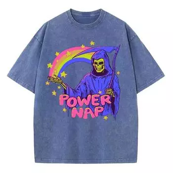 Летняя женская футболка с принтом черепа, оверсайз, из выстиранной джинсовой ткани, нейтральный стиль, короткий рукав, ретро, забавная мужская верхняя одежда S