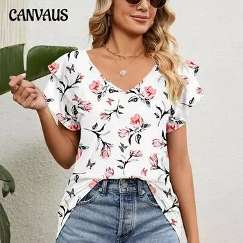 Летняя женская футболка с принтом и v-образным вырезом, свободные футболки с двойными рюшами и рукавами, топы S