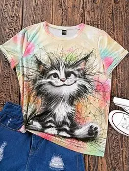 Летняя женская футболка с принтом кота 3D, повседневная, с коротким рукавом, модная, уличная, с круглым вырезом, пуловер, женская, свободная одежда S