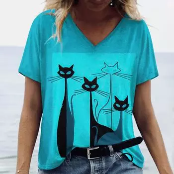 Летняя женская футболка с принтом кота, повседневные футболки с короткими рукавами и 3d футболками, модная уличная одежда, пуловер с круглым вырезом, женская одежда большого размера S