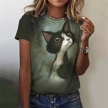 Летняя женская футболка с принтом кота, повседневные женские топы с коротким рукавом, футболки с круглым вырезом, уличная модная одежда XXS