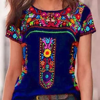 Летняя женская футболка с принтом, круглым вырезом в стиле бохо и короткими рукавами S чёрный