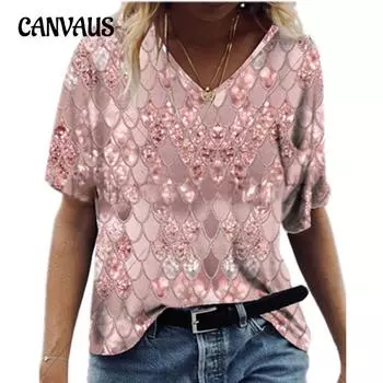 Летняя женская футболка с принтом, свободный топ с v-образным вырезом и короткими рукавами M зелёный