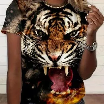 Летняя женская футболка с принтом тигра 3D, женская модная футболка, повседневная футболка с круглым вырезом и коротким рукавом, топы с животными, футболки с цветочным принтом S