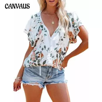 Летняя женская футболка с принтом, v-образным вырезом, полупланкой и короткими рукавами, свободные топы