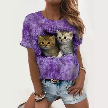 Летняя женская футболка с принтом в виде 3D-рисунка, топы с круглым вырезом, повседневный и ежедневный пуловер с милым принтом кота, футболка больших размеров S