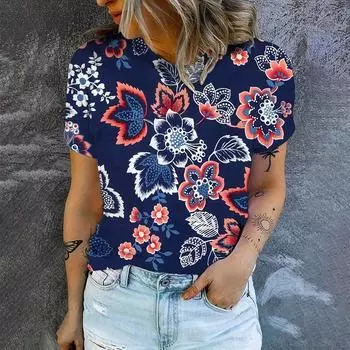 Летняя женская футболка с принтом в виде ретро-цветка, модная женская футболка с коротким рукавом, женская футболка для отдыха, топы XS