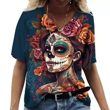 Летняя женская футболка с ретро-черепом и 3D-принтом, рубашка с V-образным вырезом, короткий рукав, пуловер S