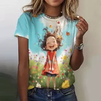 Летняя женская футболка с рисунком аниме-девушки, повседневный свитер с коротким рукавом, модная уличная одежда, милая женская футболка S
