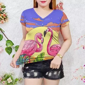 Летняя женская футболка с рисунком фламинго, модные топы с V-образным вырезом, футболки, женская повседневная одежда с коротким рукавом, стильная женская уличная одежда S