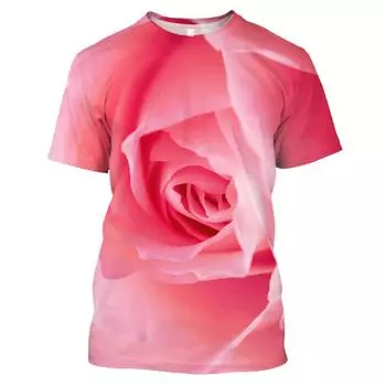 Летняя женская футболка с розовым цветком и простым принтом, 3D принтом, круглым вырезом, короткими рукавами, модный свободный пуловер больших размеров XS