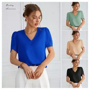 Летняя женская футболка с рукавами-фонариками из полиэстера, атласный повседневный топ с V-образным вырезом, женские футболки XS оранжевый