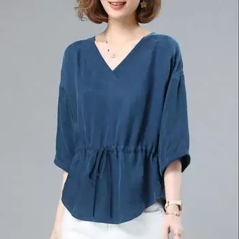 Летняя женская футболка с рукавом три четверти, нижняя рубашка больших размеров, блузка XXXXL синий