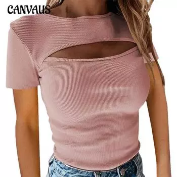 Летняя женская футболка с сексуальной грудью и вырезом на груди с коротким рукавом в рубчик, женская мода, сексуальный дисплей на груди