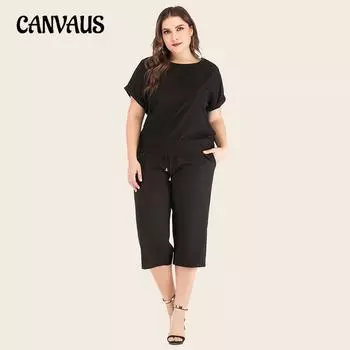 Летняя женская футболка с широкими брюками, модный свободный спортивный костюм большого размера, брючный костюм XL чёрный