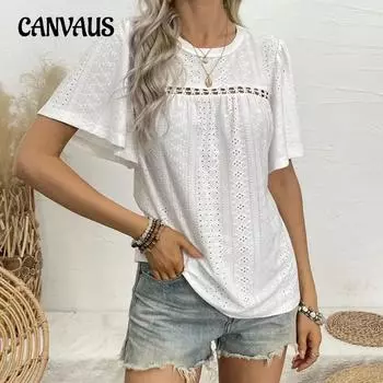 Летняя женская футболка с трикотажной вышивкой, полым кружевом, прозрачными летящими рукавами, рюшами, топы с короткими рукавами S белый