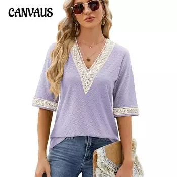Летняя женская футболка с v-образным вырезом, золотая кружевная лоскутная свободная футболка, топ S белый