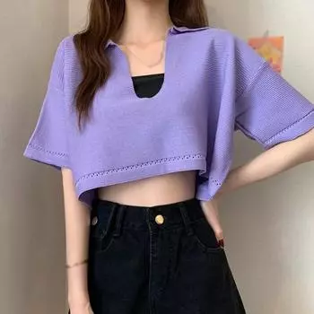 Летняя женская футболка с v-образным вырезом, свободная, повседневная, спортивная, с открытым пупком, вязаный топ с короткими рукавами, коричневый, один размер One Size