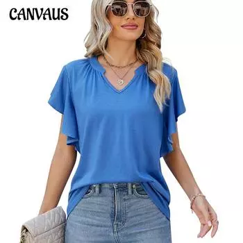 Летняя женская футболка с v-образным вырезом, однотонная, свободная, с рукавами в виде листьев лотоса, удобная повседневная футболка, топы S белый