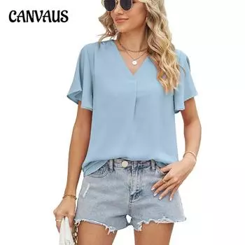 Летняя женская футболка с v-образным вырезом, шифоновая рубашка, плиссированные свободные топы с короткими рукавами XXL белый