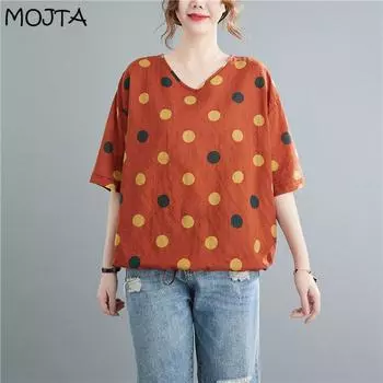 Летняя женская футболка с v-образным вырезом и принтом в горошек MOJTA one size темно-серого