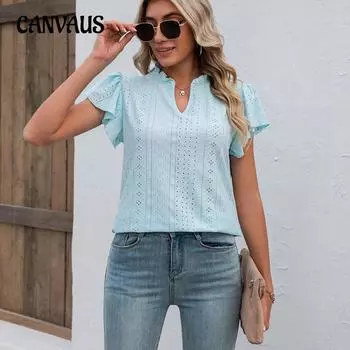 Летняя женская футболка с v-образным вырезом и рюшами, свободный топ с короткими рукавами S чёрный