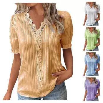 Летняя женская футболка с v-образным вырезом и кружевным принтом, нерегулярные оборки, легкая повседневная однотонная футболка в уличном стиле, топы One size имбирный