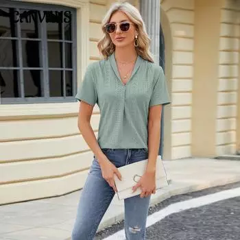 Летняя женская футболка с v-образным вырезом, жаккардовые свободные топы, футболка с короткими рукавами и лацканами «парусник» S белый