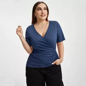 Летняя женская футболка с v-образным вырезом и коротким рукавом, тонкая дышащая вязаная футболка больших размеров, удобная модная однотонная верхняя одежда для пригородных поездок XL