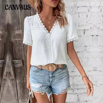 Летняя женская футболка с v-образным вырезом, однотонная женская кружевная рубашка, топ с длинными рукавами S белый