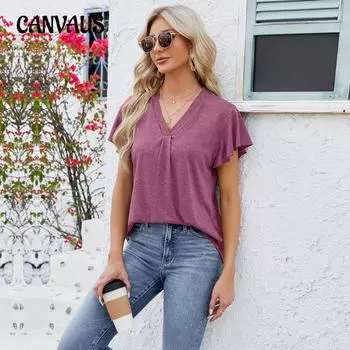 Летняя женская футболка с v-образным вырезом, свободная футболка, топы с короткими рукавами S чёрный