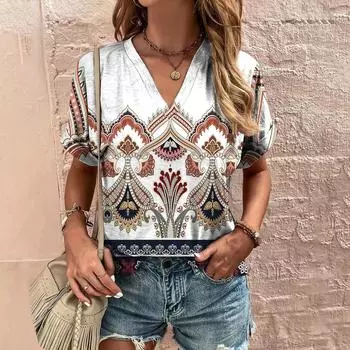 Летняя женская футболка с v-образным вырезом, одежда с этническим узором и принтом, топ с короткими рукавами, повседневная уличная футболка для женщин, пуловер в стиле хип-хоп 5XL