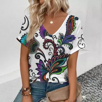 Летняя женская футболка с v-образным вырезом и короткими рукавами, большие женские футболки, повседневный топ с цветами, пуловер с принтом в стиле ретро, верхняя одежда 2024 Ne S