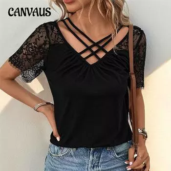Летняя женская футболка с v-образным вырезом, повседневный кружевной топ с короткими рукавами S чёрный