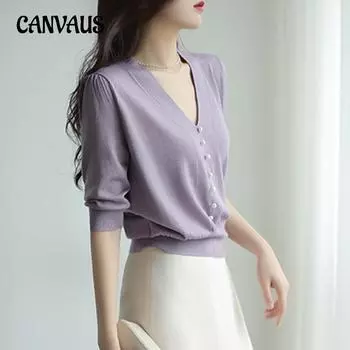 Летняя женская футболка с v-образным вырезом и средним рукавом, фиолетовая вязаная рубашка, футболка, топы One Size фиолетовый