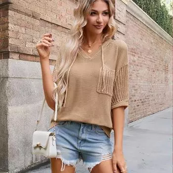 Летняя женская футболка с v-образным вырезом и капюшоном, вязаный свитер с карманами, топ с короткими рукавами и скелетом S хаки