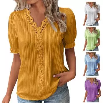 Летняя женская футболка с v-образным вырезом и кружевным принтом, нерегулярные оборки, легкая повседневная однотонная футболка в уличном стиле, топы XXL