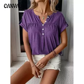 Летняя женская футболка с v-образным вырезом, свободный однотонный топ с короткими рукавами S чёрный