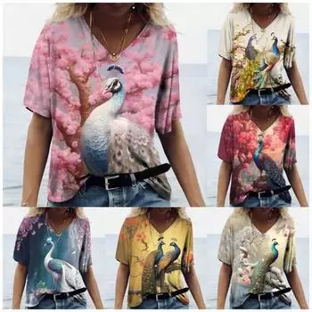 Летняя женская футболка с V-образным вырезом и коротким рукавом, 3D-принт павлина, повседневная модная женская футболка Harajuku с дышащим верхом S