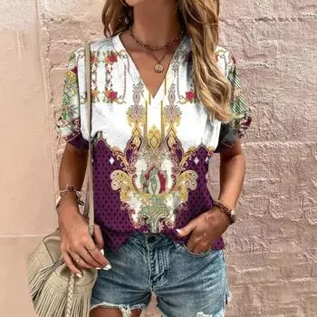 Летняя женская футболка с v-образным вырезом, одежда с этническим узором и принтом, топ с короткими рукавами, повседневная уличная футболка для женщин, пуловер в стиле хип-хоп S