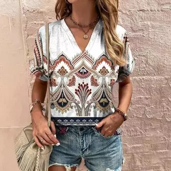 Летняя женская футболка с v-образным вырезом, одежда с этническим узором и принтом, топ с короткими рукавами, повседневная уличная футболка для женщин, пуловер в стиле хип-хоп S