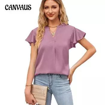 Летняя женская футболка с V-образным вырезом и оборками на рукавах, модный топ S чёрный