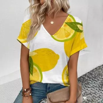 Летняя женская футболка с V-образным вырезом, футболка с принтом фруктов, модная повседневная женская футболка с коротким рукавом, большого размера, удобная футболка S