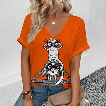 Летняя женская футболка с V-образным вырезом, футболка с забавным принтом в виде кошек, модные женские футболки для отдыха с коротким рукавом S