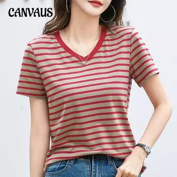 Летняя женская футболка с v-образным вырезом, полосатый топ с короткими рукавами S красный