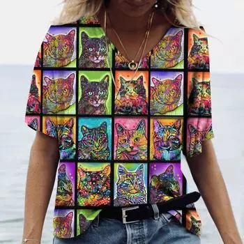 Летняя женская футболка с V-образным вырезом и принтом 3D Cat, с короткими рукавами и цифровым принтом M